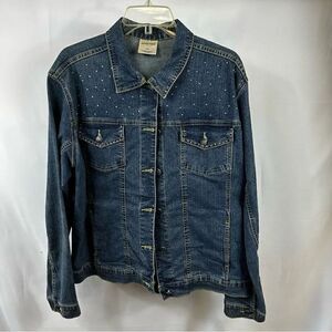 EUC Decorated Originals Sz L  Rhinestone Embellished Dark Blue Denim Jean Jacket